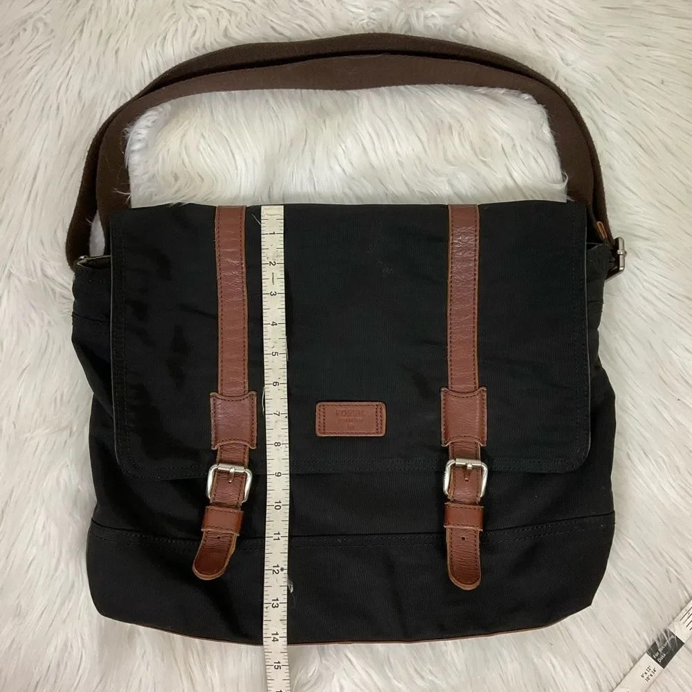 Fossil Canyon Black Brown Foldover Flap Messenger Computer Shoulder Bag